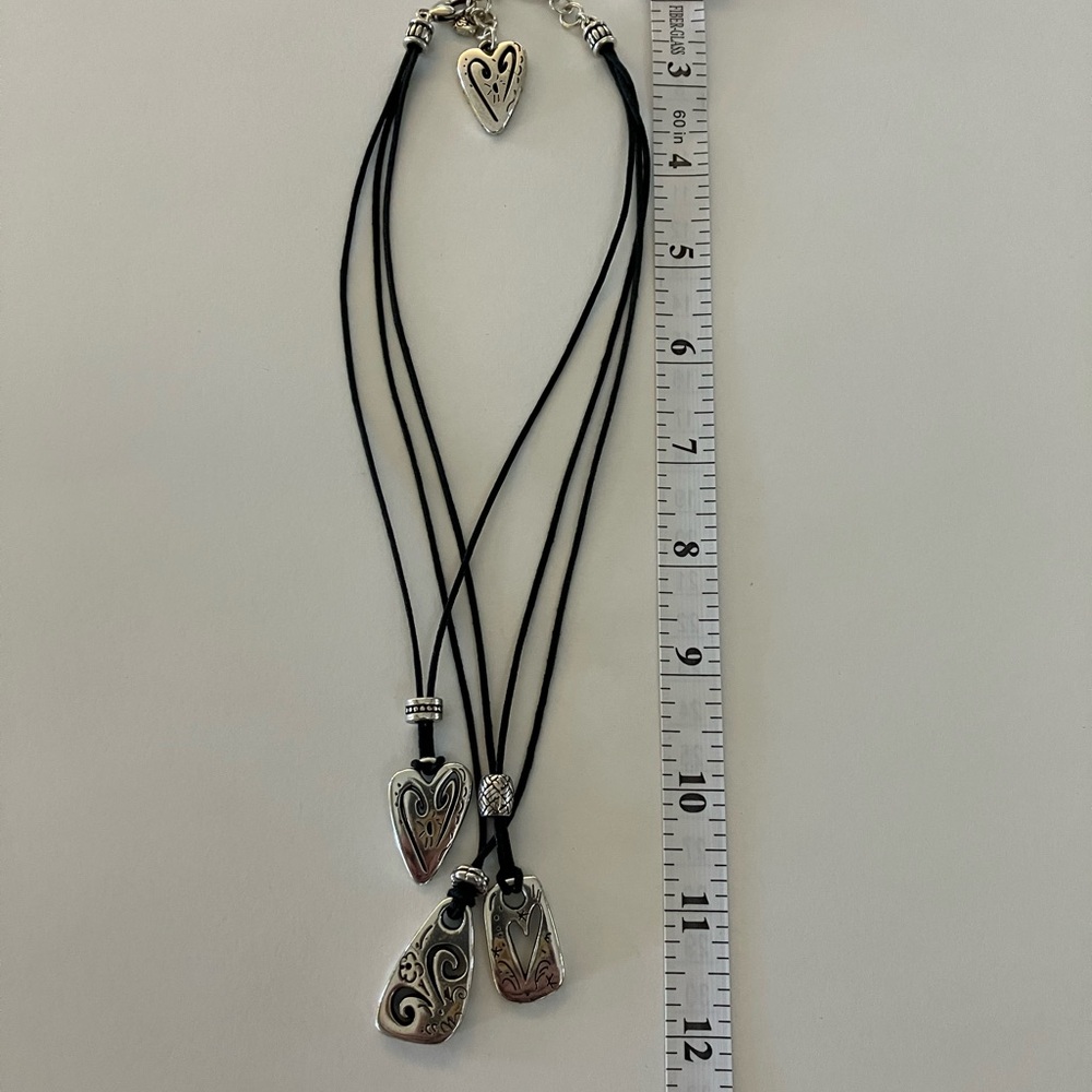 Brighton Sterling Silver and Black Cord Layered Necklace with Heart Charms